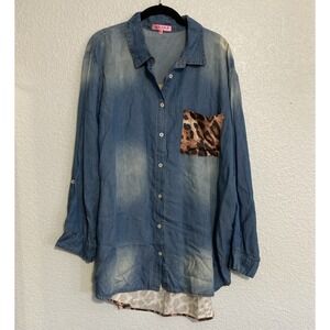 Sol RHR Blue Washed Denim Button-Up with Leopard Pocket